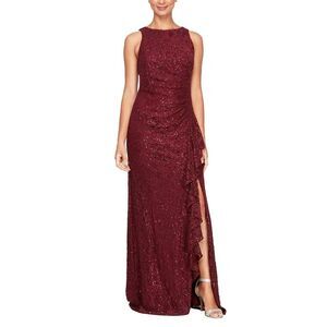 ALEX EVENING Long Sleeveless Lace Dress with Cascade Ruffle Front Slit | Size 12